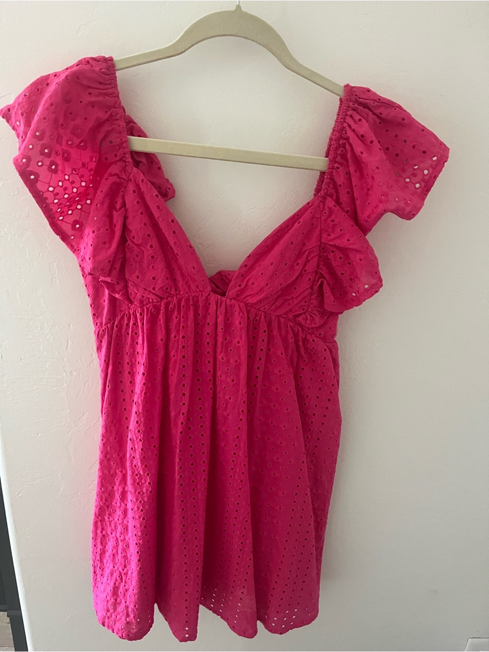 Olivaceous Hot Pink Eyelet V-Neck Flutter Sleeve Tunic